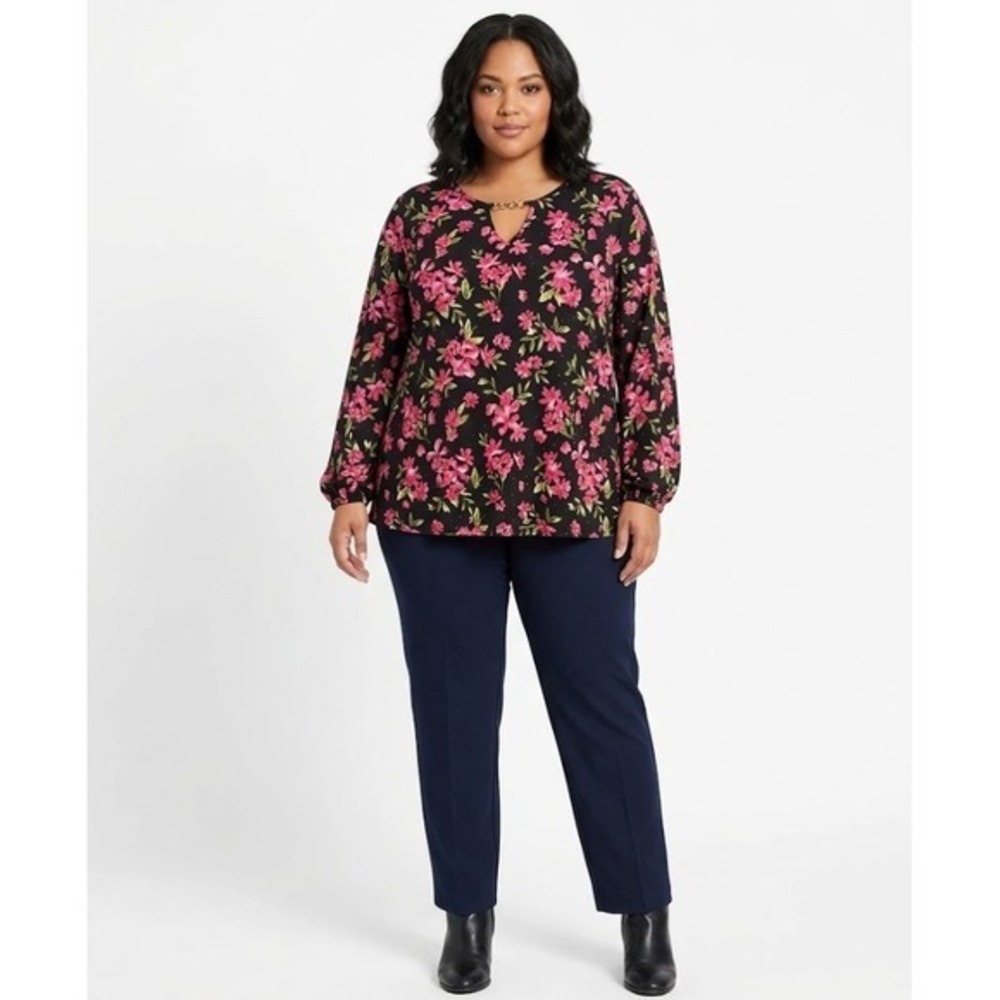 Emily Daniels size XL Black Pink Floral Stretch Knit Long Sleeve Blouse Office
